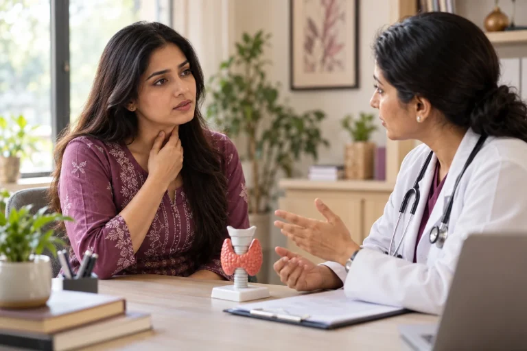 An Indian woman discussing thyroid symptoms with a doctor, simple butterfly thyroid model on desk with no labels