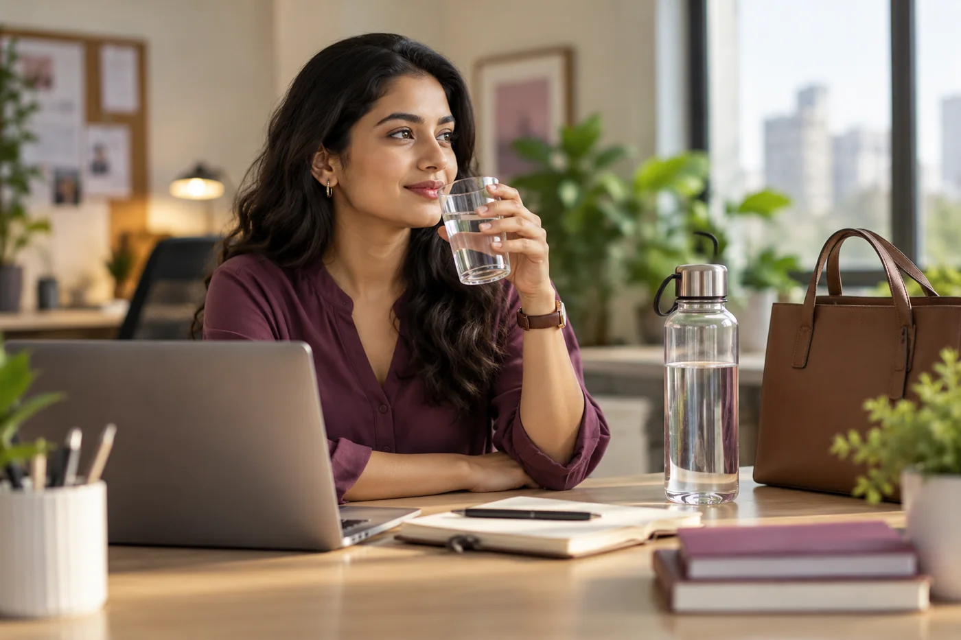A clear water bottle and glass on an office desk beside a work bag, hydration without cure claims