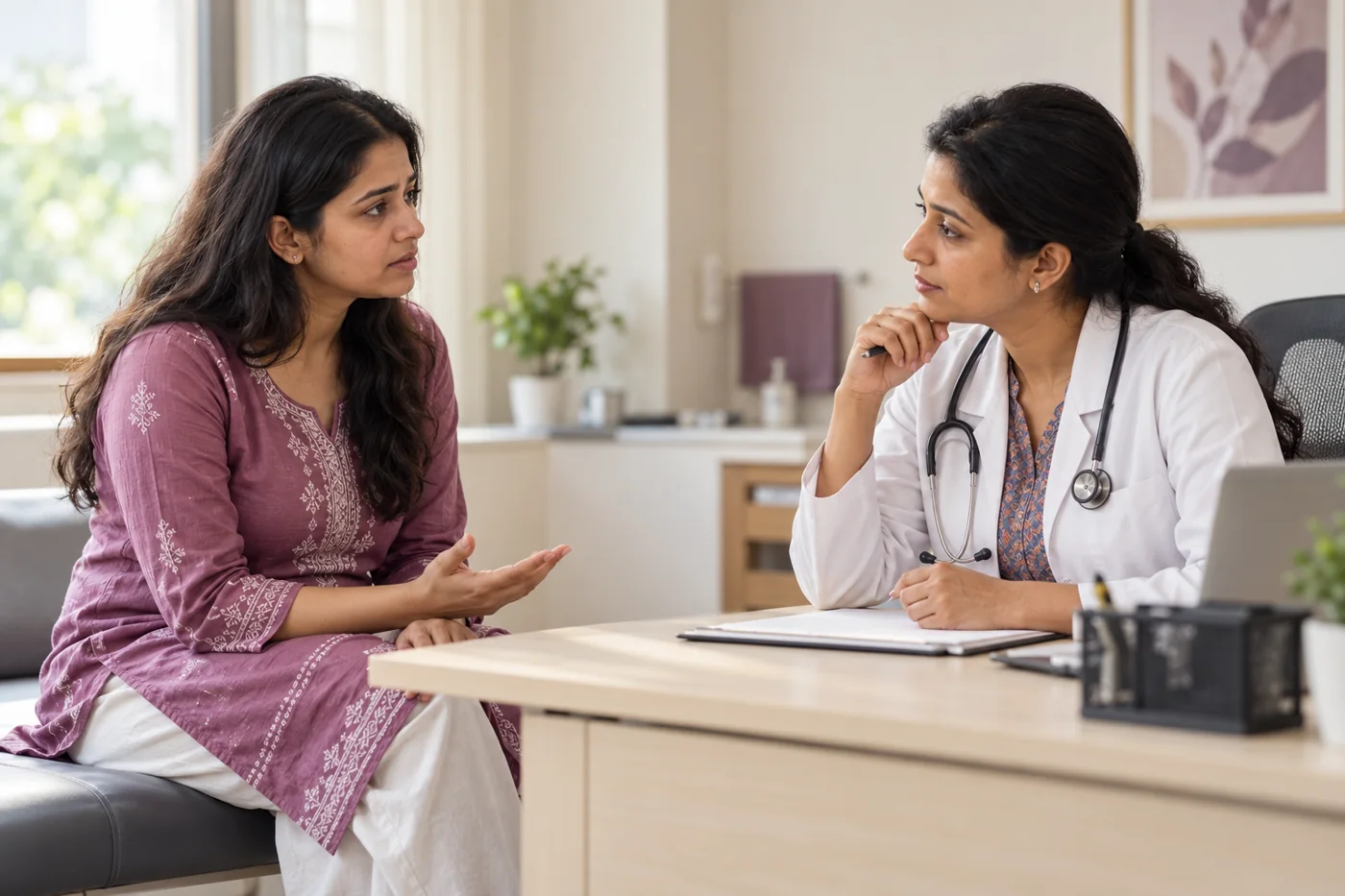 A woman asking a female clinician about recurrent urinary symptoms, uncluttered clinical setting