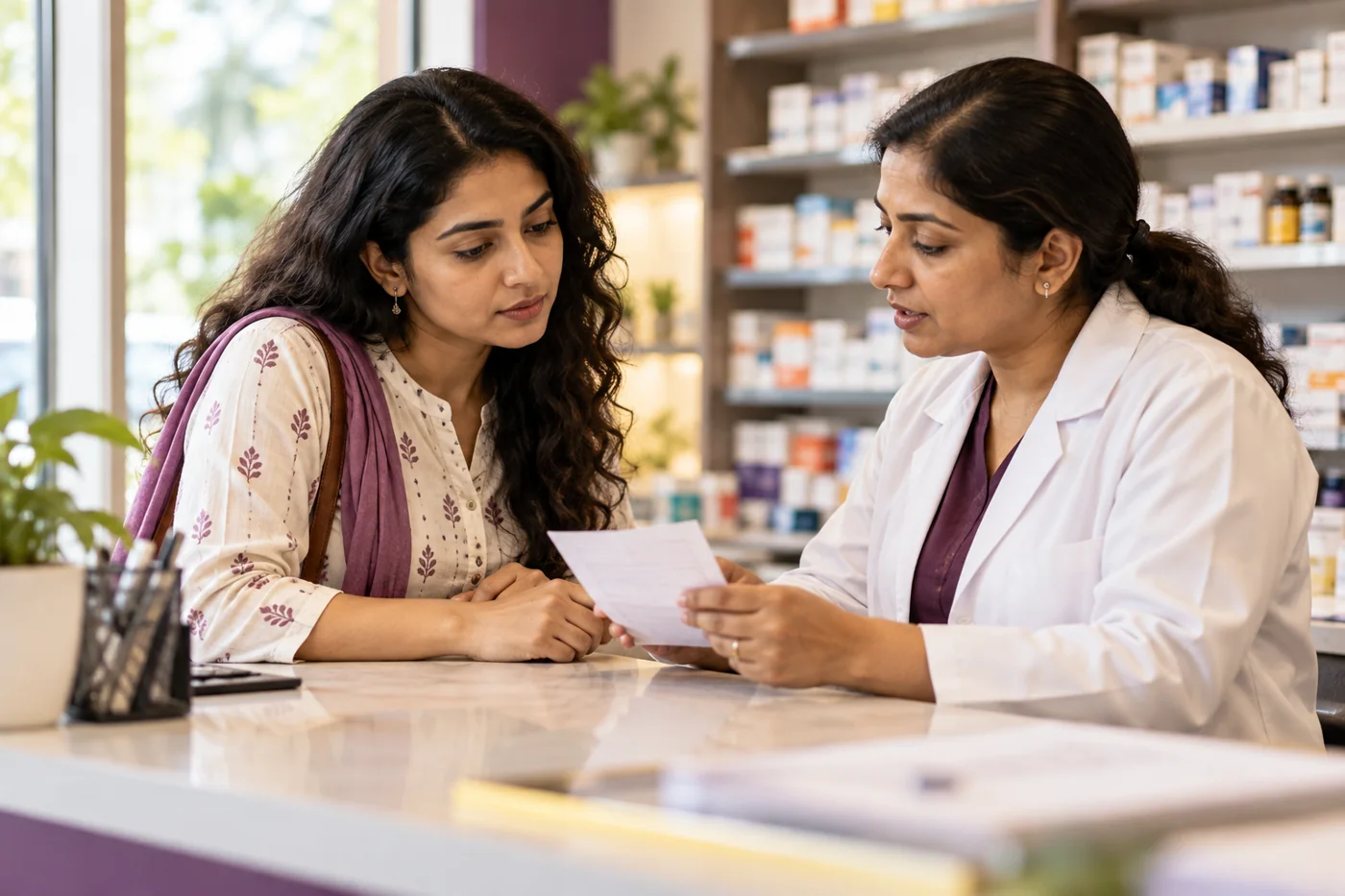 An Indian woman reviewing a prescription with a pharmacist, no readable drug names or claims