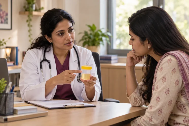 A female clinician explaining a urine test to an Indian woman, sealed sterile urine specimen container on desk