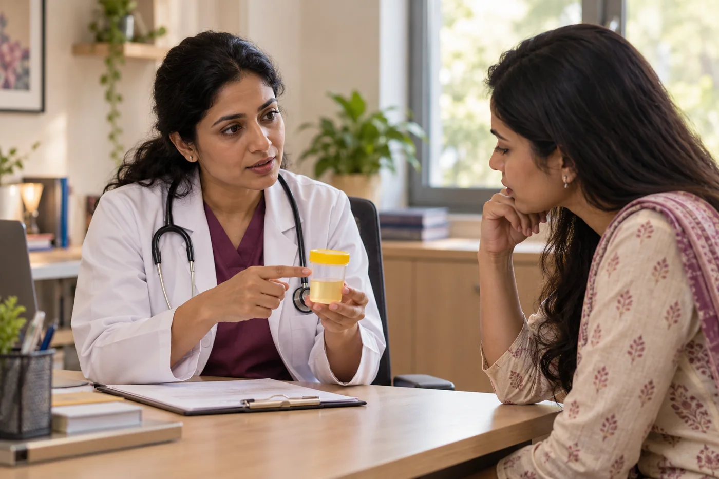 A female clinician explaining a urine test to an Indian woman, sealed sterile urine specimen container on desk