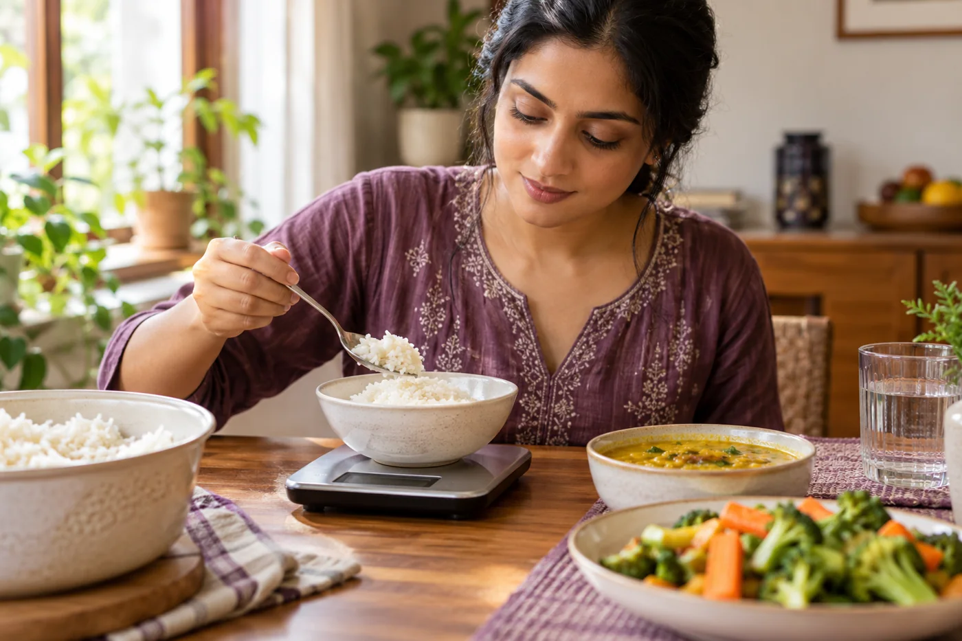 A digital kitchen scale measuring a realistic portion of cooked rice beside vegetables and dal
