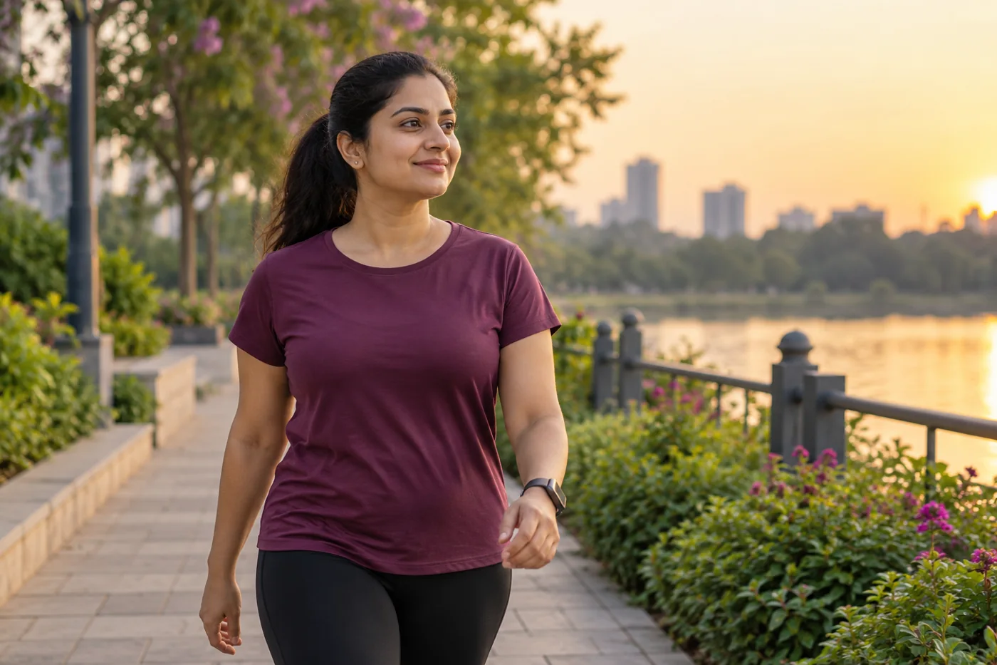 An Indian woman taking an evening walk, comfortable clothes and neutral body representation