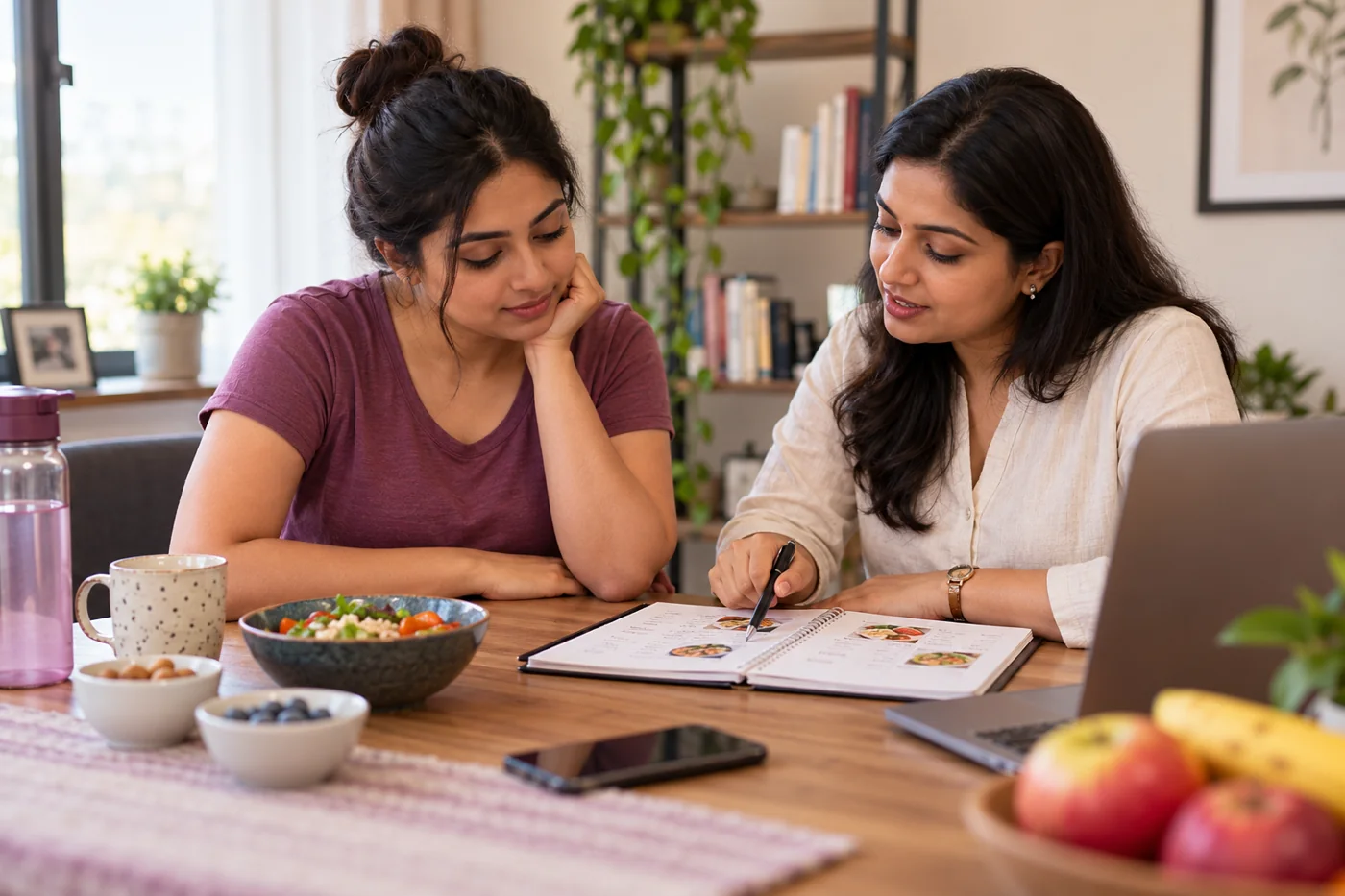 An Indian woman reviewing a food diary with a dietitian without shame or dramatic weight imagery